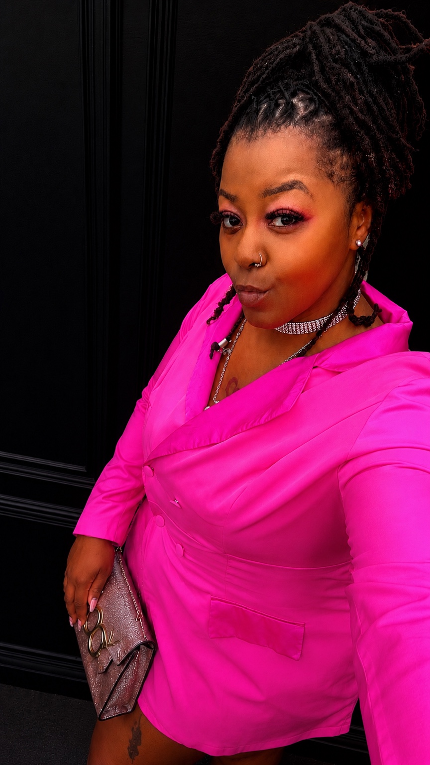 Shakey wearing a pink outfit